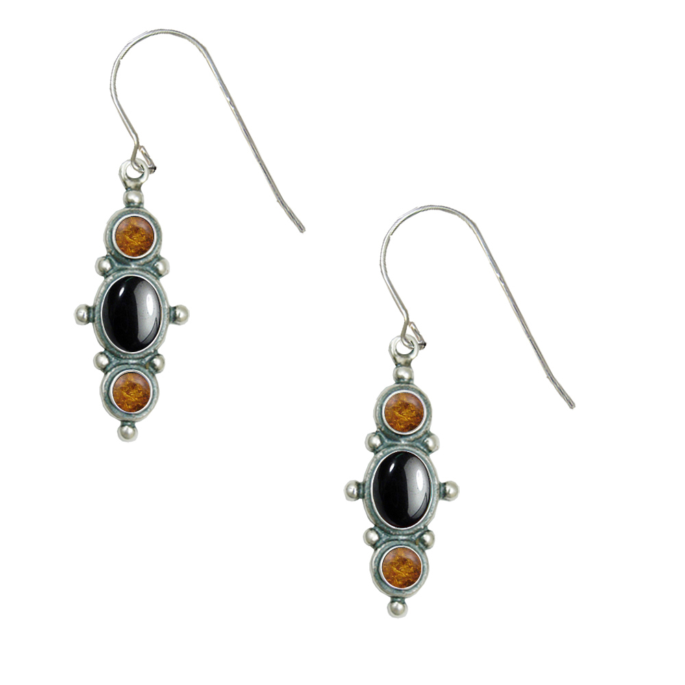 Sterling Silver Drop Dangle Earrings With Hematite And Amber